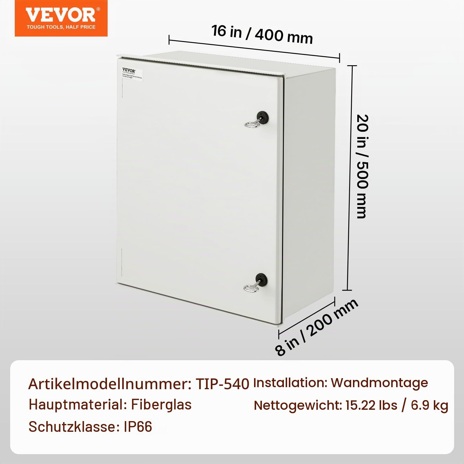 VEVOR Schaltschrank NEMA-Gehäuse, 400x500x200 mm, NEMA 4X Glasfaser-Stahl-Elektrobox, IP66 wasserdicht & staubdicht, Klappanschlussdose für den Innen- &Außenbereich, mit Montageplatte