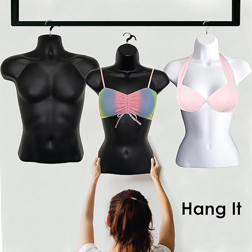 Miniatura 3 de DisplayTown 2 juegos de maniquí negro masculino y femenino con espalda hueca y cuerpo apilable con ganchos colgantes para exhibición de camisetas,