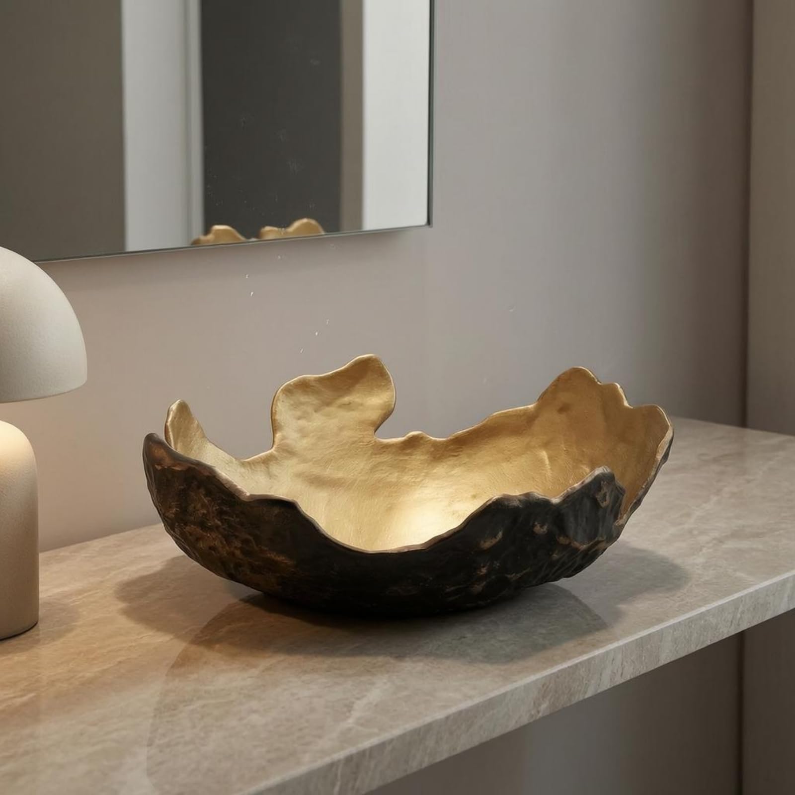 Corbeille à Fruits En Métal Intérieur Lisse Relief Texturé Aspect Luxe Décoration Maison, Noir Extérieur, Or Intérieur