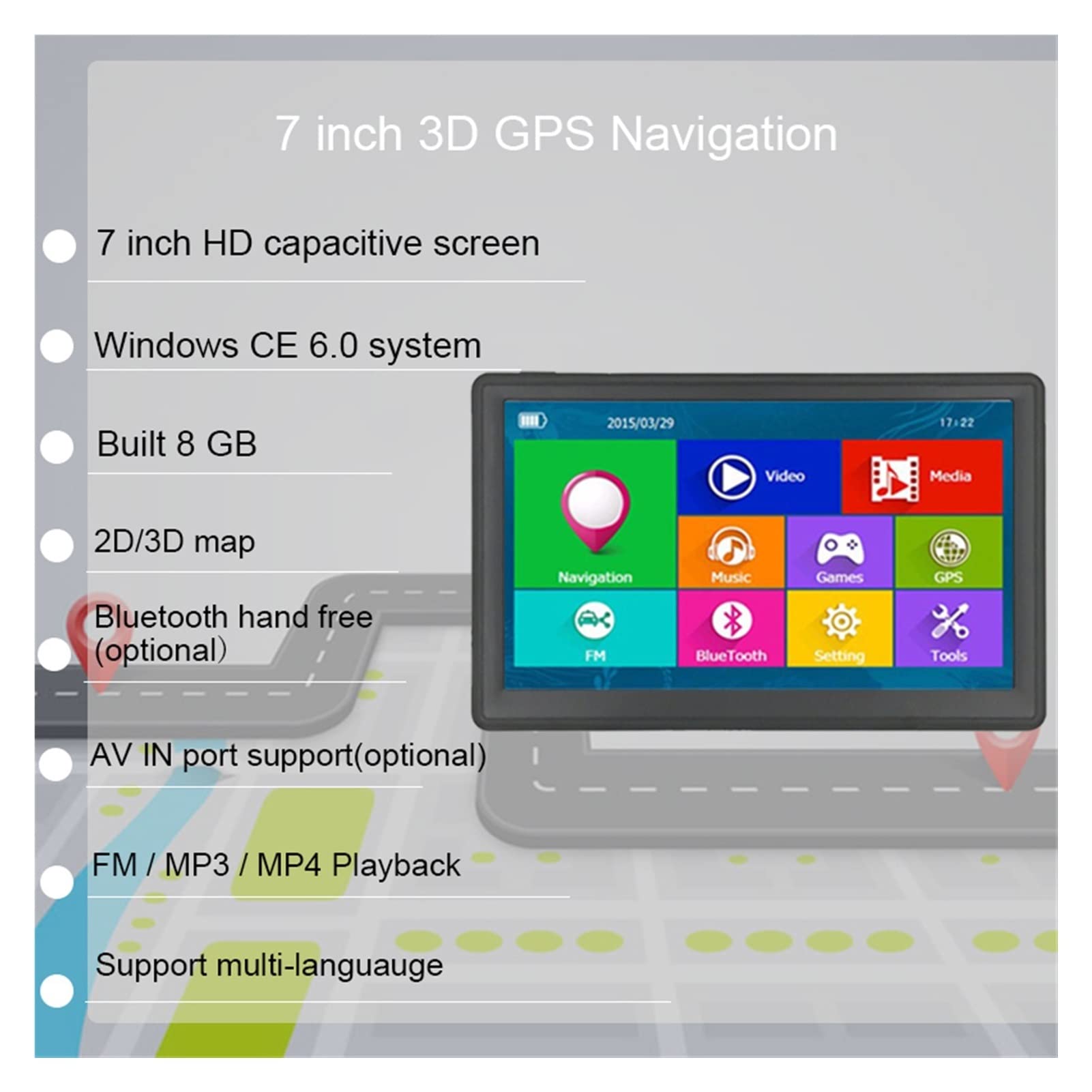 GPS pour Voiture, 7 Pouces Haute définition Écran Tactile 80 0mHz 256m 8 Go Camion GPS Navigation avec caméra de Vue arrière(with Sunshade)