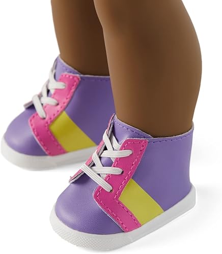 Miniatura 3 de American Girl Truly Me - Muñeca #114 de 18 pulgadas con ojos marrones, sin pelo, piel profunda, vestido de camiseta estampado morado, para mayores