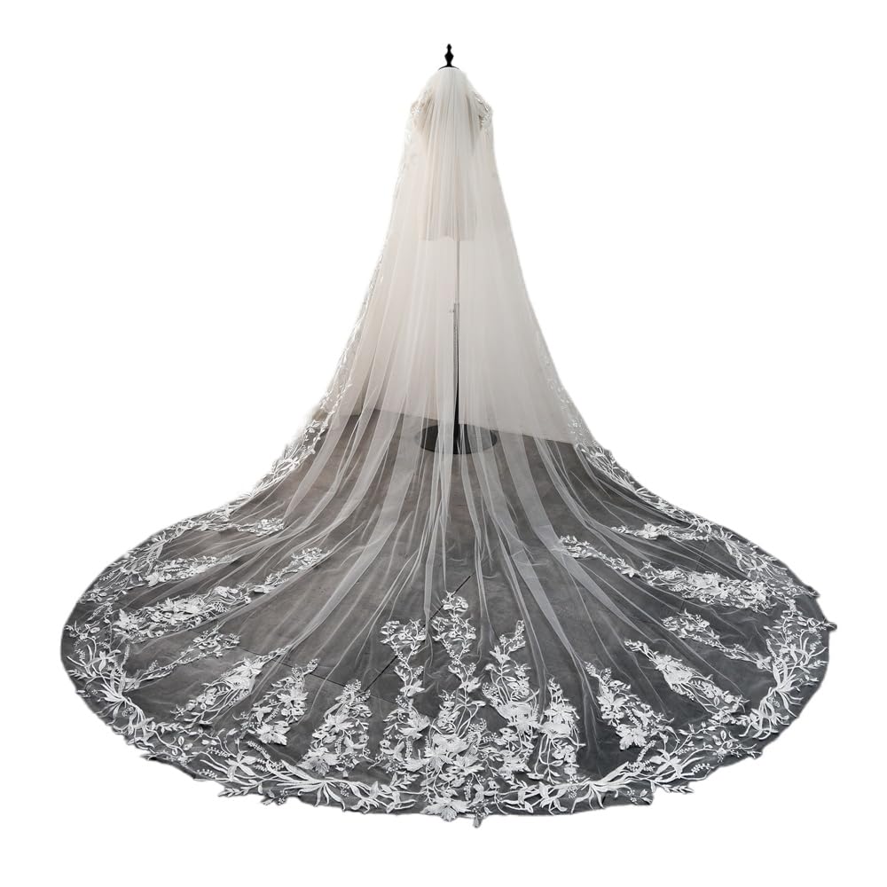 ROMDANTY 300cm Floral Lace Cathedral Veil with Comb, Elegant Wedding Bridal Hair Accessory, Ivory Tulle Veil with Lace Appliques for Bride