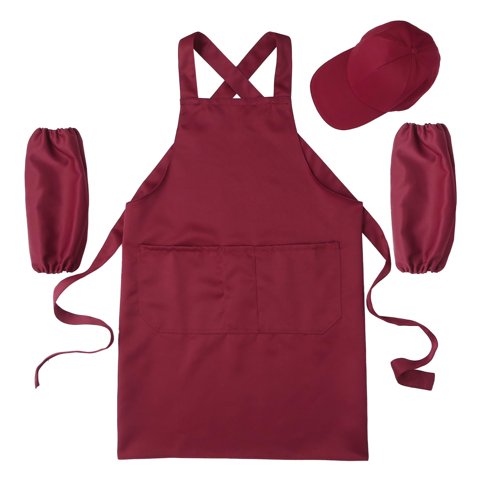 Eandarui Minimalist Chef Apron, Hat, Sleeve Covers - Ideal for Coffee Shops & Catering Services Burgundy One Size