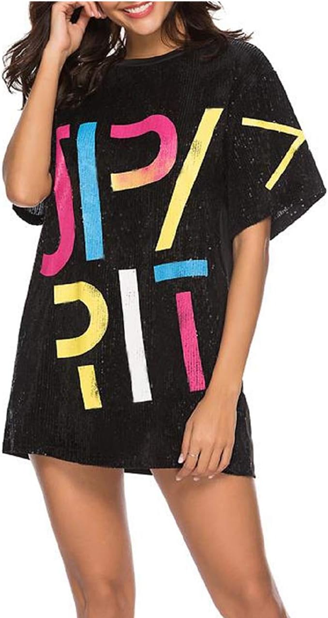 PORRCEY Juniors Short Sleeve Sequin Funny Dress Shirts