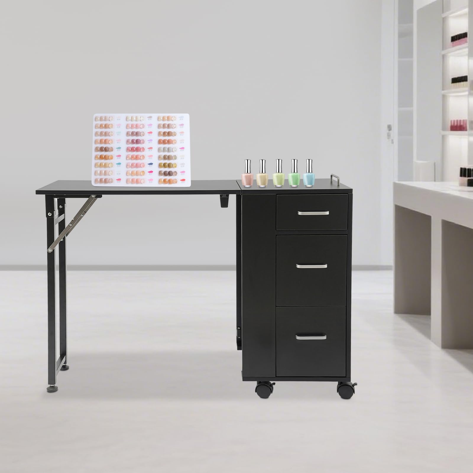 toczący się stół do manicure, składany mobilny stolik do manicure, walizka transportowa do makijażu z 3 szufladami, zwijany stół do manicure jako stolik do salonu paznokci, biurko (czarny)