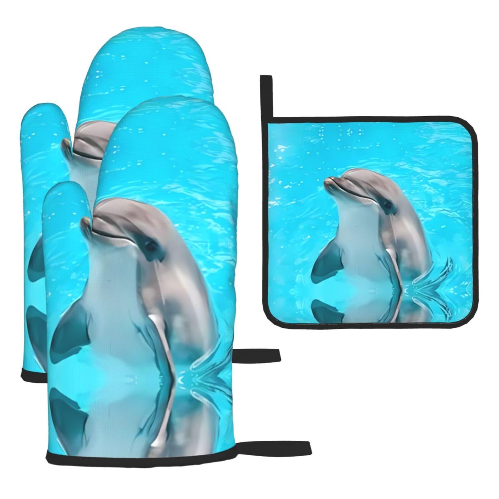 Adorable dolphin Printed Oven Mitt Set 3-Piece | Heat Resistant Gloves & Pot Holder Mat for Cooking, Baking & BBQ