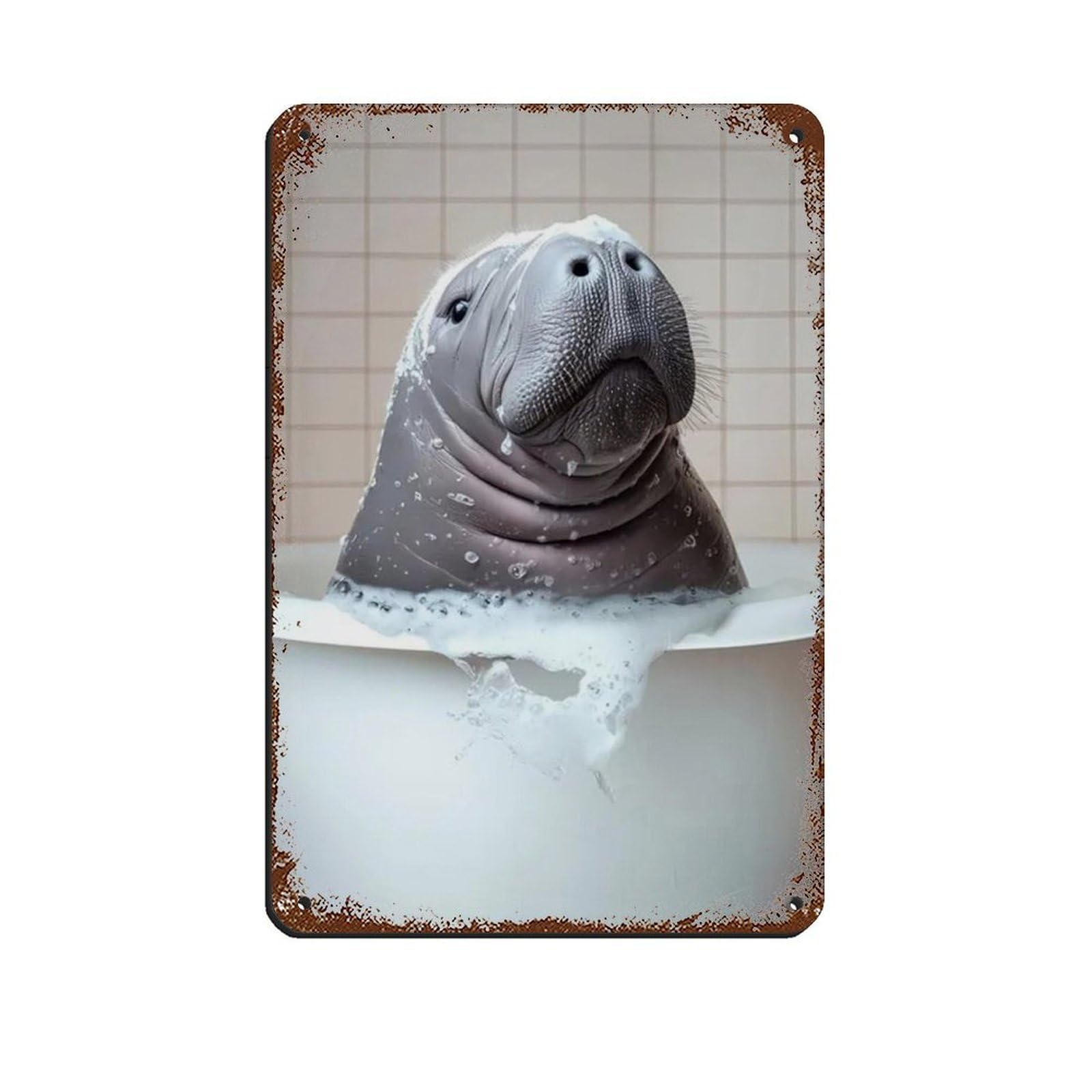 Manatee in The Bathtub, Funny Bathroom Art Retro Poster Metal Tin Sign Chic Art Retro Iron Painting Bar People Cave Cafe Family Garage Poster Wall Decoration 8x12inch(20x30cm)