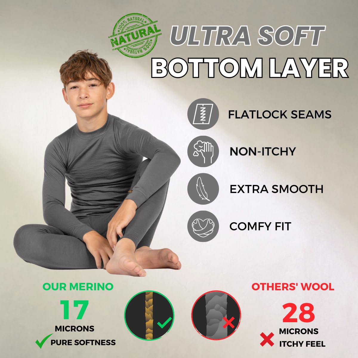 menique Leggings térmicos niños 100% Lana Merino, Gris, 86-92 | Mallas transpirables de secado rápido para niños y niñas, para fútbol, correr, senderismo, deporte outdoor y días fríos