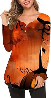 Plus Size Shirts for Women UK Halloween Womens Costume Fashion Henley Shirts Button Top Halloween Print Long Sleeve Shirts Women Fall Winter Pullover Tops Ladies Loose Plus Size Sweatshirts