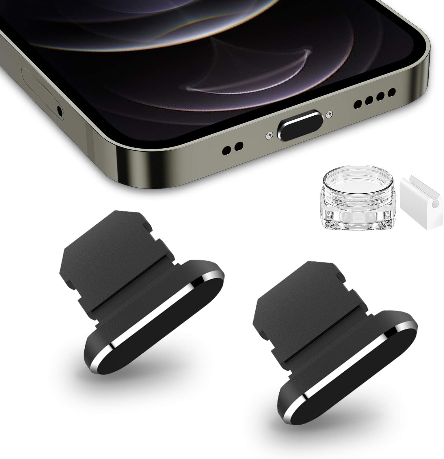 TITACUTE 2 Pack Anti Dust Plugs for iPhone 14 Pro Max 13 11 12 X XS XR X 8 7 Plus 6s 6 5 SE Dust Cover 8 Pin Dust Plug + Mini Storage Box iPhone Charging Port Plugs for AirPods Pro iPad Mini Air Black