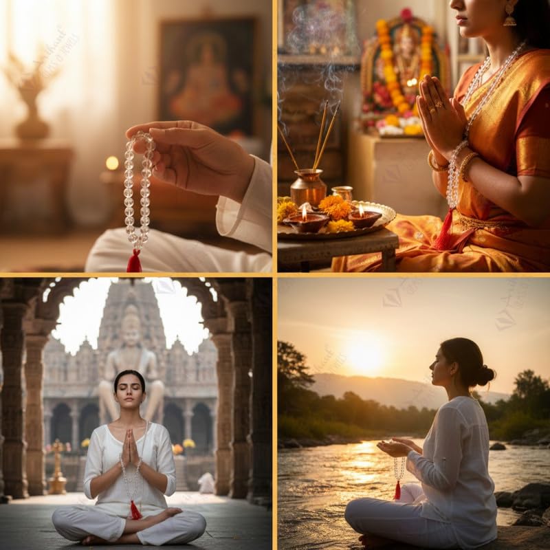 Image of Arihant Gems and Jewels 108+1 Beads Sphatik Jaap Mala for Pooja | Natural & Certified | Astrological Gemstone | Positive Effect | Unisex Both for Men & Women