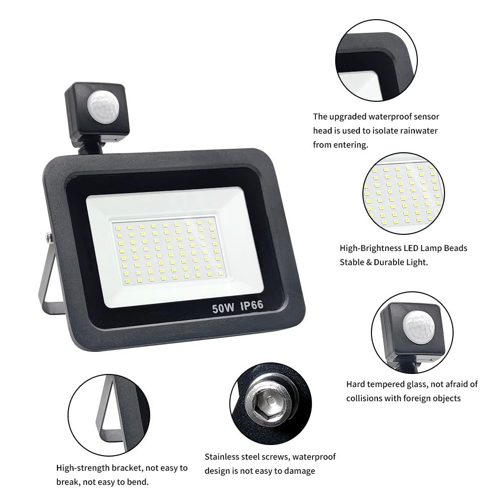Focos exteriores, Reflector LED De 10W, 20W, 30W, 50W, 100W, Con Sensor Movimiento PIR Impermeable, Lámpara Pared For Exteriores, Foco Luz Inundación(Warm White,50W)