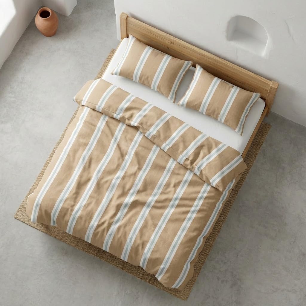 Juego Funda nórdica Cama 150/160 100% algodón - 2 Fundas Almohada 50x85 cm, Estampado líneas Taupe
