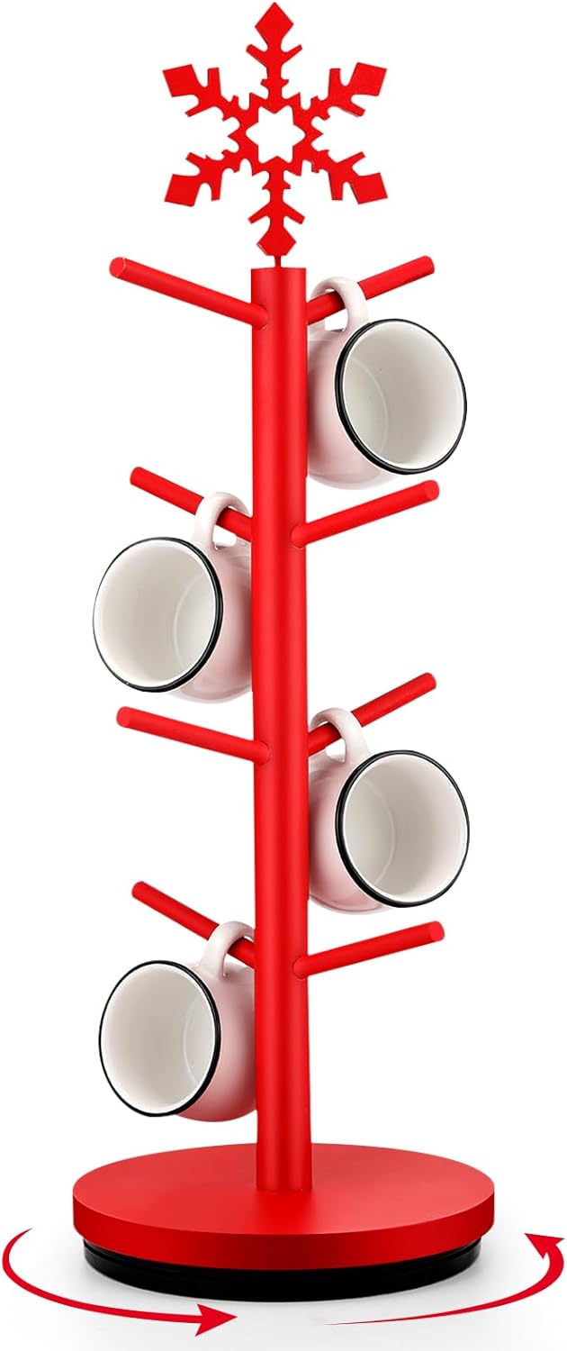 Christmas Tree Coffee Mug Holder 8 Hooks Snowflake Mug Holder for Countertop Snowflake Cup Rack Wood Christmas Tree Display for Kitchen Coffee Accessories