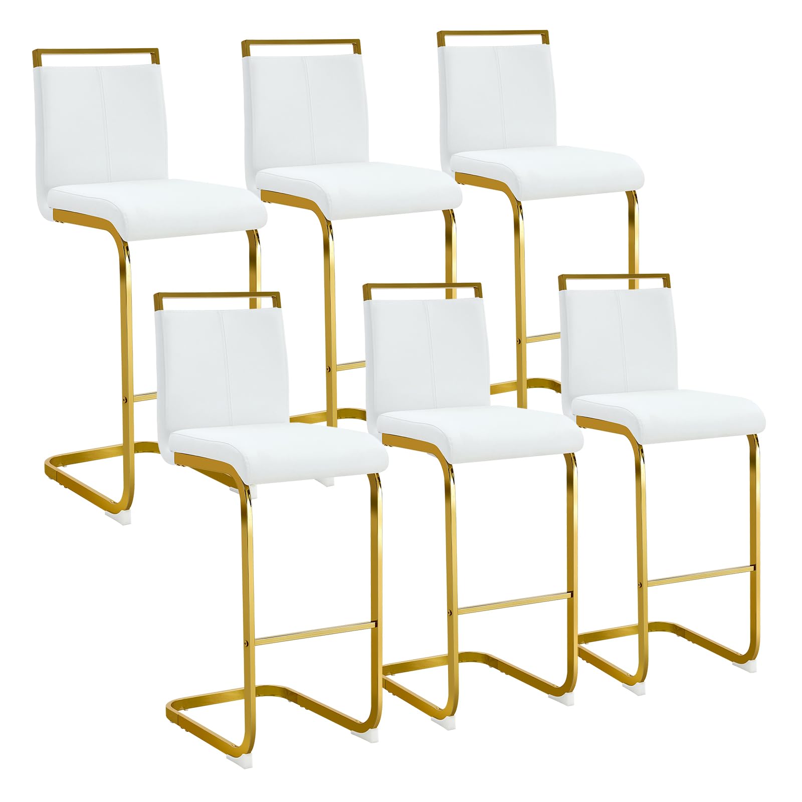 30'' Counter Height Bar Stools Set of 6, Modern Upholstered PU Leather Bar Stools with Back Chrome Plated Metal Frame, 30 inch Armless Bar Chairs for Kitchen Island (White+Gold, Set of 6)
