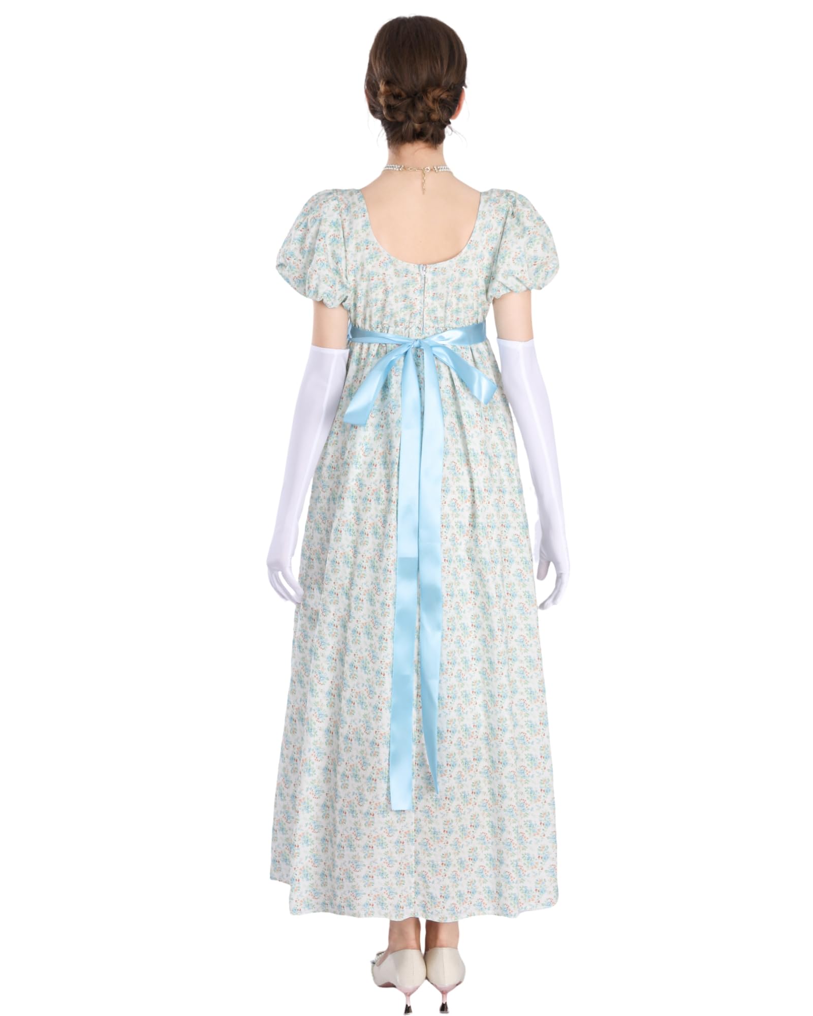 NSPSTT Regency Dress for Women - Floral Empire Waist Long Tea Party Dress with Gloves, Blue Floral, M, Blue 1023 - Image 4