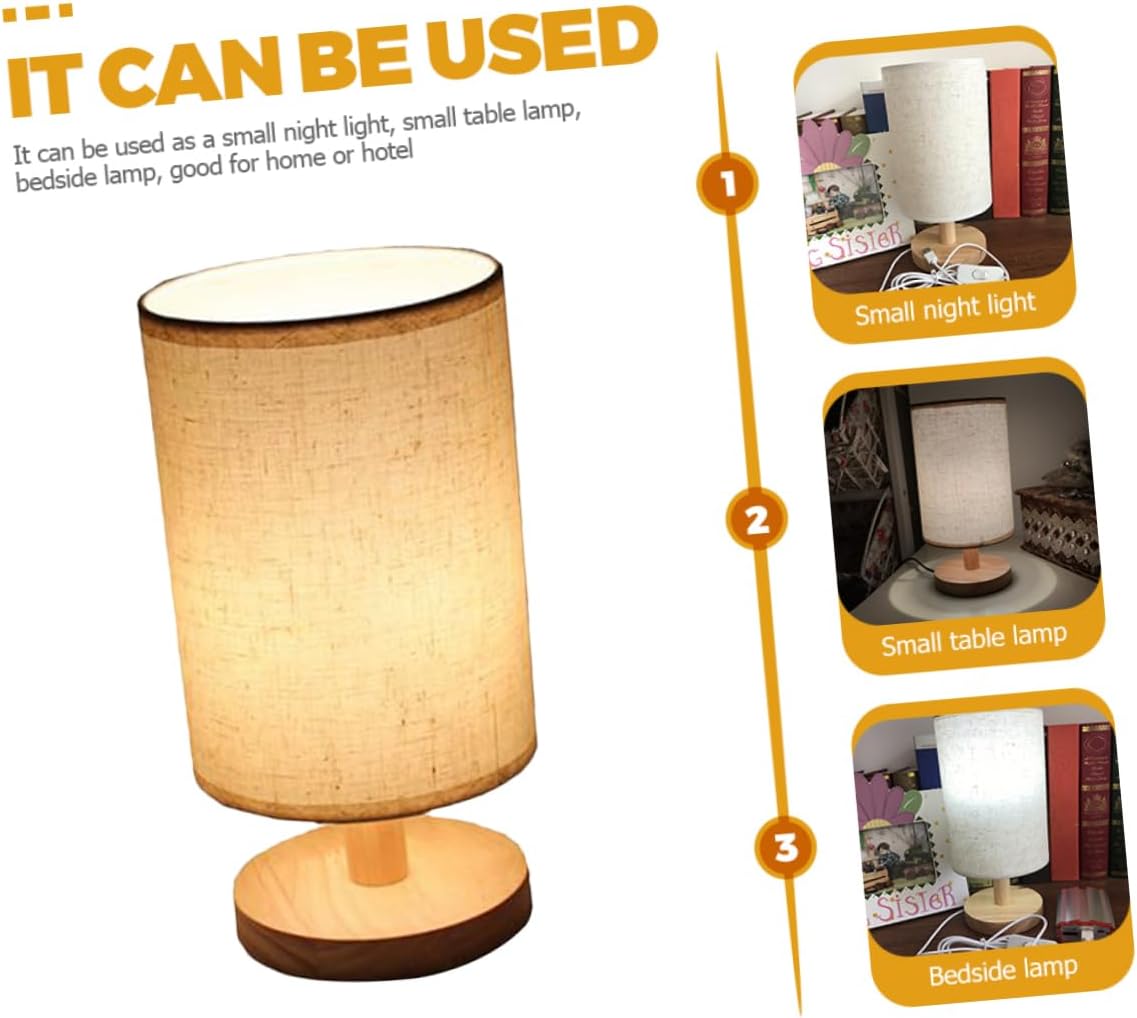 Uonlytech USB Linen Table Lamp with LED Light Soft Eye Friendly Bedside Night Light for Bedroom and Dormitory Minimalist Fabric Shade with Wooden Base Compact Desk Lamp for Use