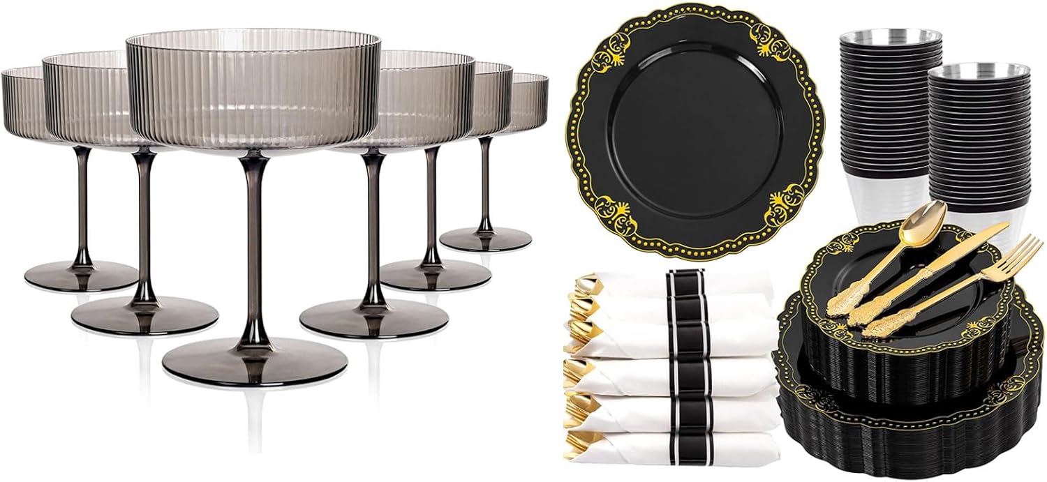 Ciaell 12PCS Plastic Ribbed Martini Glasses - 350 PCS Black Plastic Plates for Wedding & Party & New Year