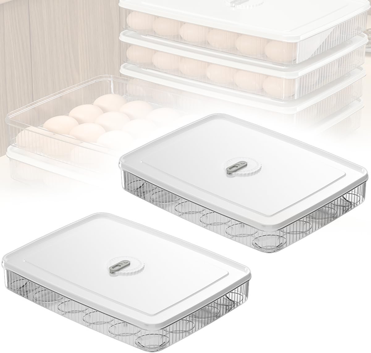 KLUFO 2 Packs 24 Egg Holder for Refrigerator Egg Dispenser, Stackable Egg Storage Container for Refrigerator, Reusable Egg Containers with Lid Fridge Egg Organizer Clear Egg Trays