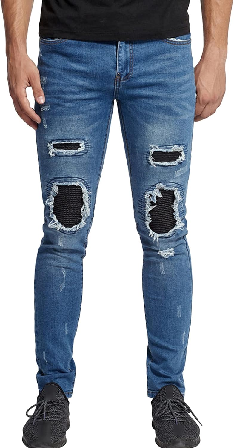 JEsilunmaMY Mens Stretch Ripped Jean Pants Mid Waist Patchwork Pleated Skinny Biker Jeans Distressed Destroyed Denim Trousers