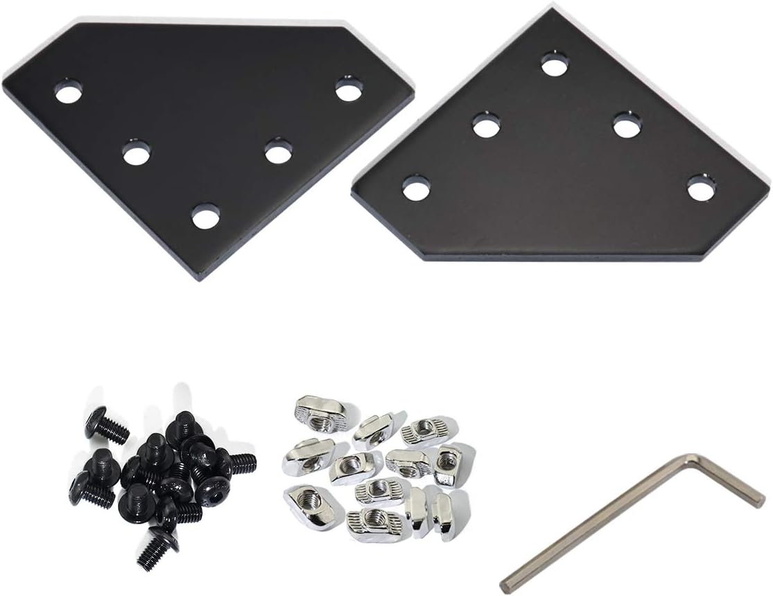 10pcs 2020 Series 5 Hole Surface Anodic Oxidation L Shape Plate Outside Corner Bracket Aluminum Profile Connector Set with 50pcs T Nut + 50pcs Hex Screw + 1pcs Wrench Black