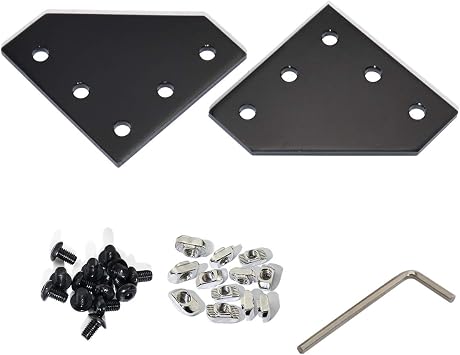 10pcs 2020 Series 5 Hole Surface Anodic Oxidation L Shape Plate Outside Corner Bracket Aluminum Profile Connector Set with 50pcs T Nut + 50pcs Hex Screw + 1pcs Wrench Black