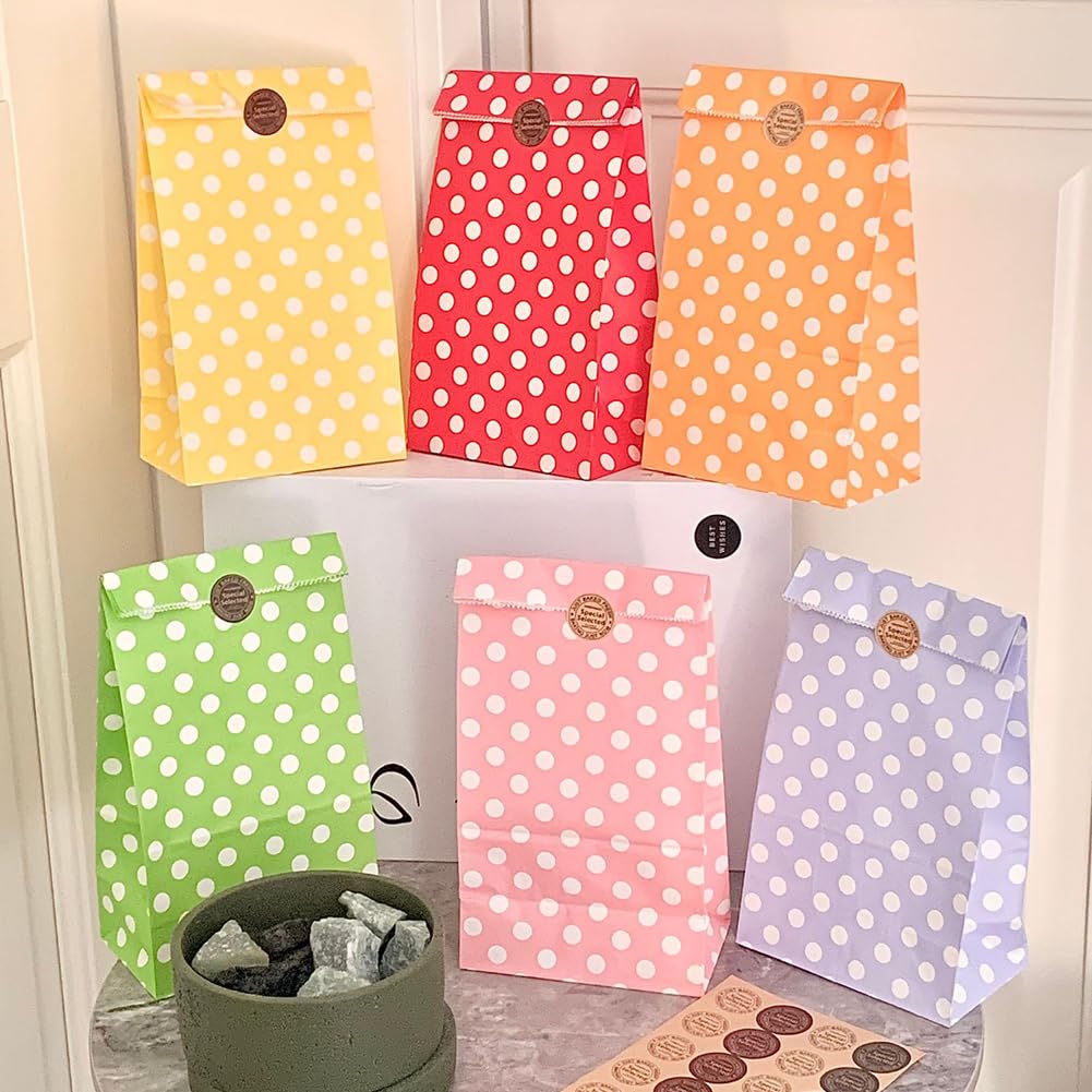 100 Stück Punkte Papiertüten 13×8×24cm Bunt Kraftpapier Geschenktüten Candy Tüten zum Verpacken von Geschenken Kleine Papiertüten für Geburtstag Hochzeit Party Weihnachten Orange