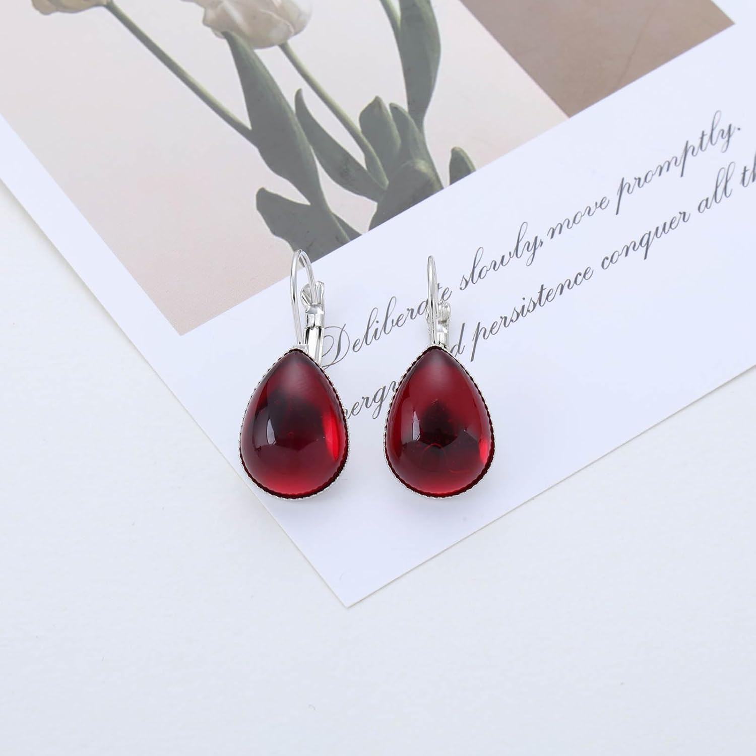 Vintage Teardrop Ruby Drop Earrings Red Teardrop Earrings Ruby Crystal Dangle Earring Waterdrop Red Gemstone Earring Silver Leverback Statement Jewelry for Women - Image 3