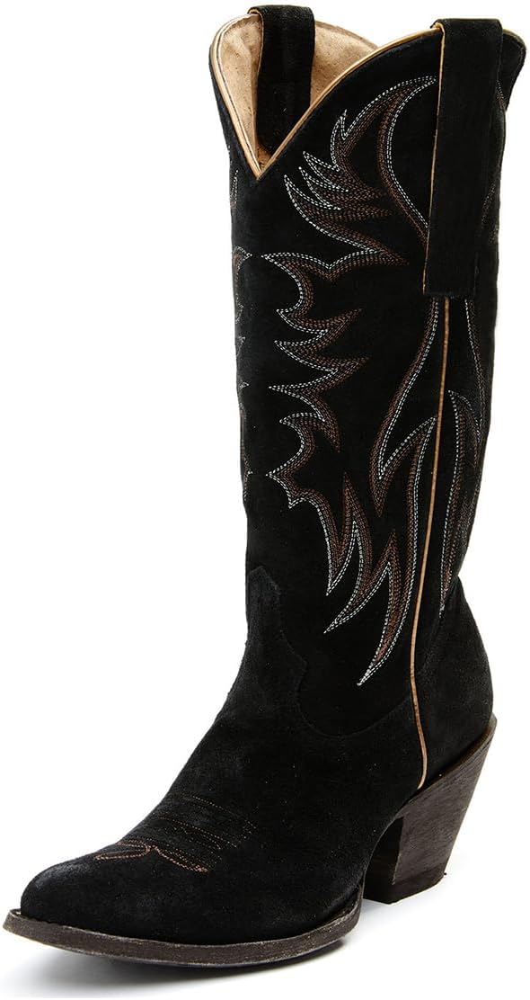 YDN Women Cowboy Boots Comfortable Pull On Western Booties Pointed Toe Chunky Block Heel Cowgirl Mid Calf Boots Girls Ladies Retro Shoe Size 4-16 US