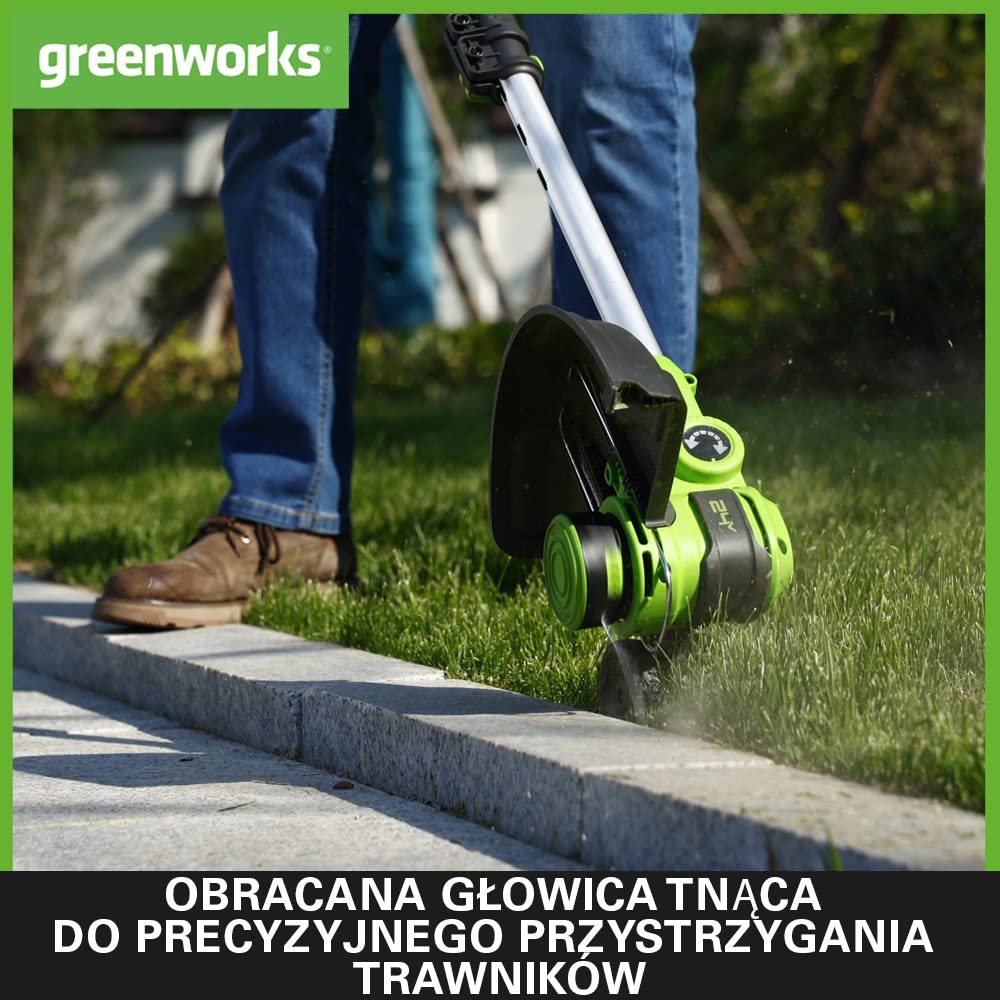 Greenworks G24LT30K2 Akumulatorowa Podkaszarka do Małych i Średnich Ogrodów, Szerokość Cięcia 30 cm, Automatyczny Wysuw Żyłki Nylonowej 1,65 mm, Bateria 24V 2Ah i Ładowarka
