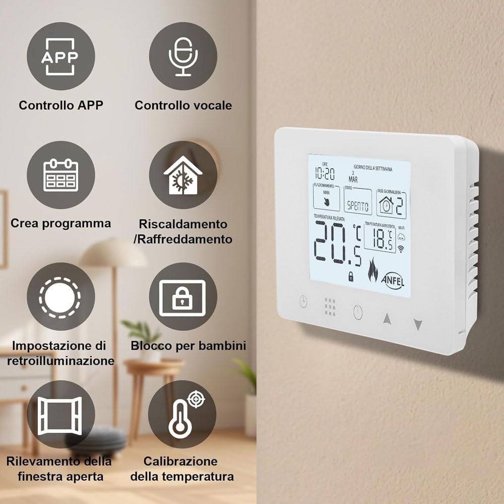 CRONOTERMOSTATO WIFI PROGRAMMABILE SMARTPHONE APP ALEXA TERMOSTATO CALDAIA DA PARETE O BOX 503 DISPLAY IN ITALIANO ALIMENTAZIONE 90-240 Vac DOPPIA FUNZIONE RISCALDAMENTO/CONDIZIONAMENTO