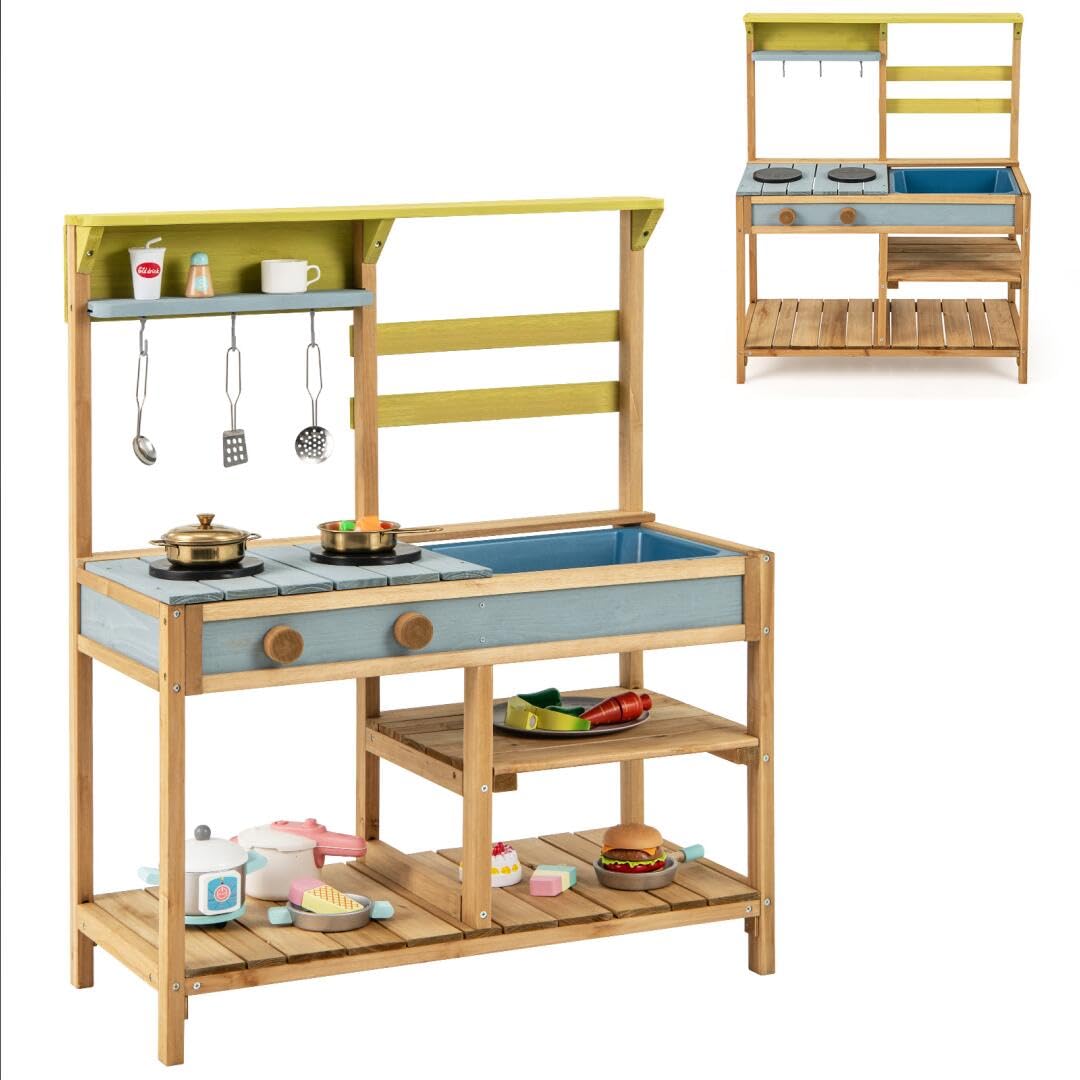 HOMASIS Cucina Giocattolo per Bambini in Legno, Cucinetta per Bambini Interattiva con 3 Ganci, 1 Lavandino e 2 Fornelli, Giocattolo Educativo per Bambini da 3+ Anni, 75 x 36 x 92 cm (Naturale)