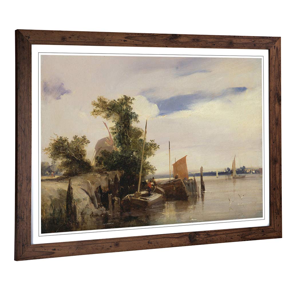 Big Box Art Framed Print of Richard Bonington Barges on a River Design | Wall Art Picture | Home Decor for Kitchen, Living Room, Bedroom, Hallway, Walnut, A2 / 24.5x18 Inch / 62x45cm