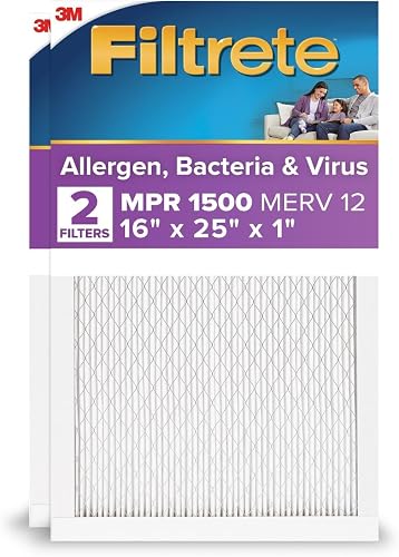 Filtrete 16x25x1 Furnace Filter, MPR 1500, MERV 12, Healthy Living Ultra-Allergen 3-Month Pleated 1-Inch Air Filters, 2 Filters