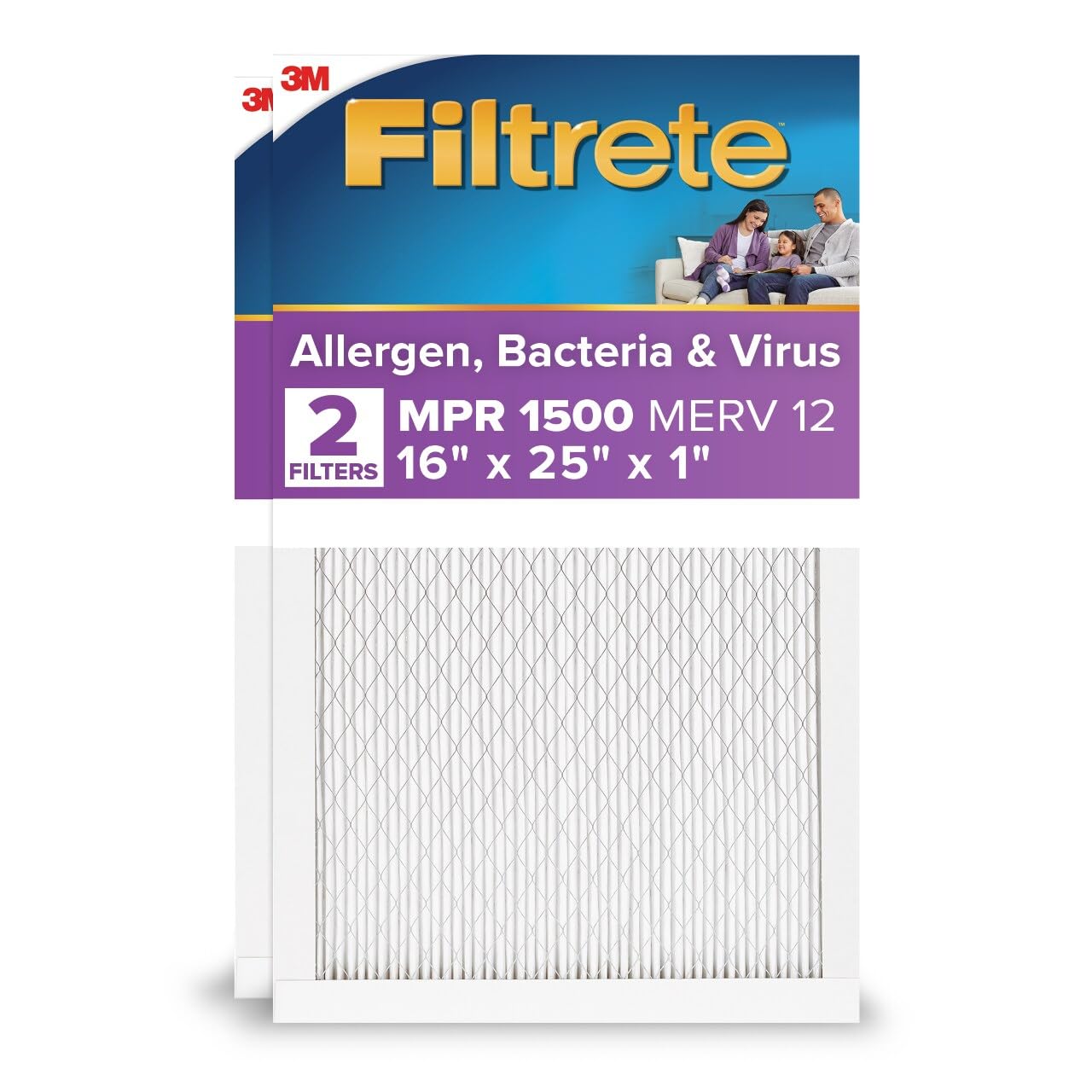 Filtrete 16x25x1 AC Furnace Air Filter, MERV 12, MPR 1500, CERTIFIED asthma & allergy friendly, 3 Month Pleated 1-Inch Electrostatic Air Cleaning Filter, 2-Pack (Actual Size 15.69 x 24.69 x 0.78 in)