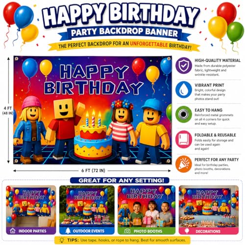 Image of Video Game Birthday Decorations Happy Birthday Banner for Boys 6x4ft Pixel Backdrop Villager Gaming Birthday Party Decorations Video Game Backdrop for Kids Miner Boys Birthday Party Decorations