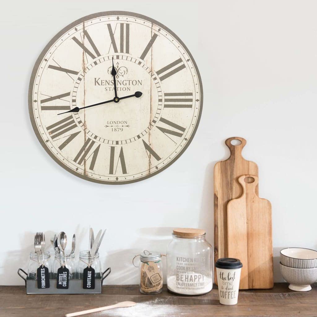 Reloj de pared vintage de Londres de 60 cm de diámetro con marco de madera de densidad media, esfera analógica, funciona con pilas, movimiento de cuarzo silencioso, diseño retro para salón