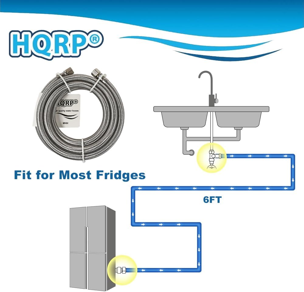 HQRP 6FT Refrigerator Water Line, Braided Stainless Steel Water Line for Refrigerator Ice Maker, 1/4" Comp x 1/4" Comp Fridge Water Hose, 6 Foot Ice Maker Supply Line (6-Pack)
