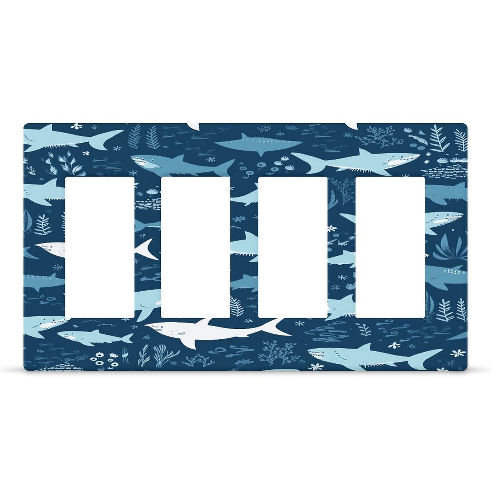 Sharks Wall Plate Cover Unbreakable Thermoplastic Faceplate Cover Receptacle Outlet Covers Rocker Light Switch Covers 4-Gang Hidden Screw Face Plate for House 8.3x 4.7