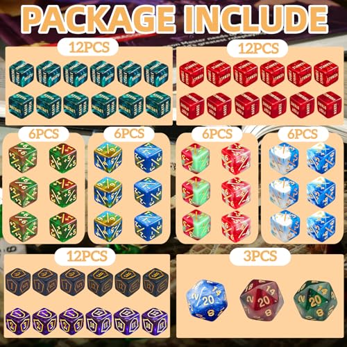 ZEOXUER 63 Stück MTG Würfel Zähler - Ability Keyword Zähler, -1/+1 Lebenszähler, Schild Lebenszähler, D6 Würfel, Kompatibel mit MTG, Kartenspiel Zubehör (Inklusive Schwarzer Tasche)