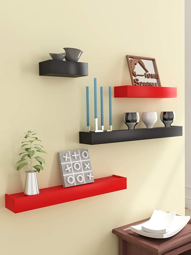 Home Sparkle Wood Floating Shelf (Red & Black, Set of 4) Amazon.in
