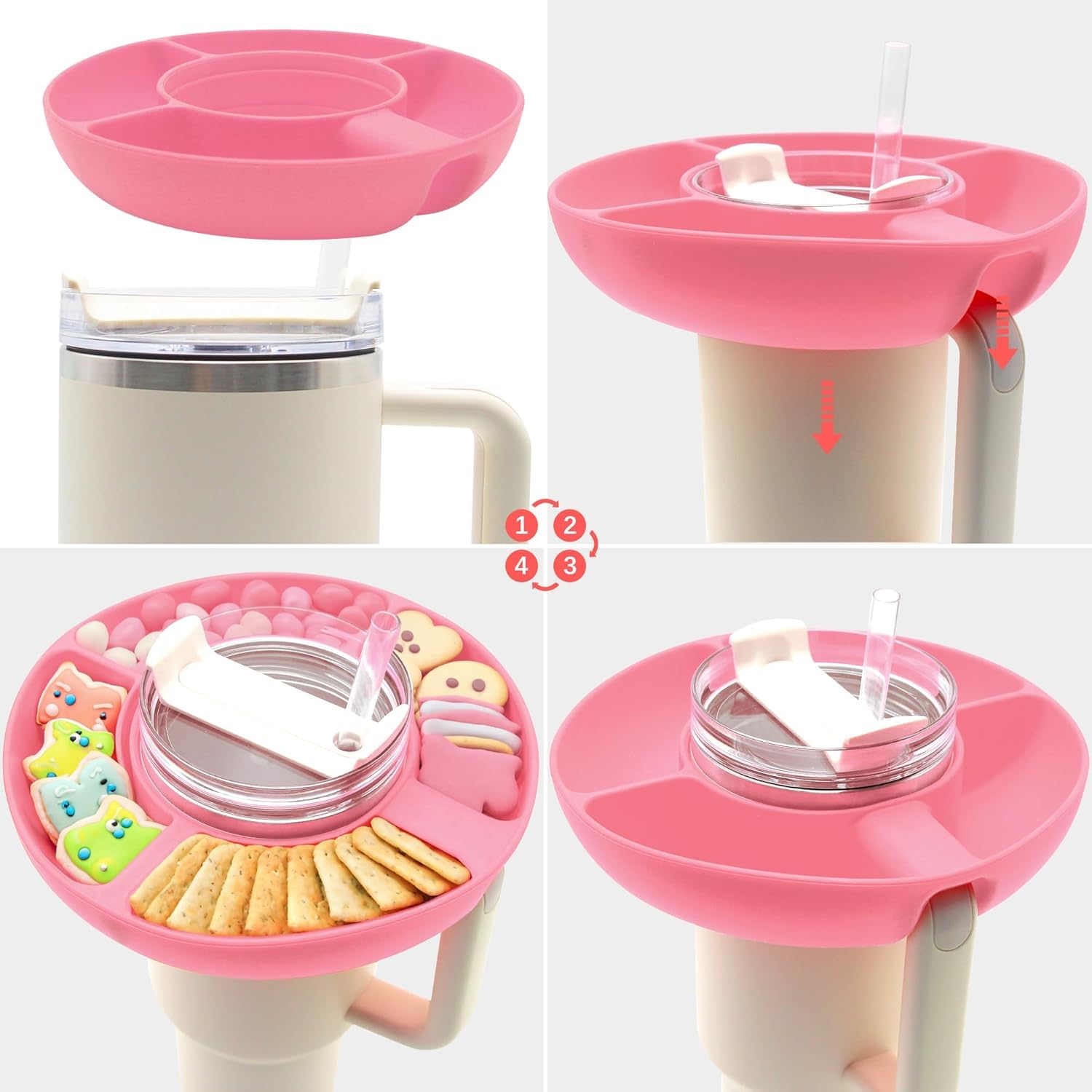 Snack Bowl For Stanley 40 Oz Tumbler, Reusable Snack Storage Top Ring Candy Tray Nuts Platter Containers Box With 4 Compartments For Food Topper Plate Cup Holder For Stanley Cup Accessories (White