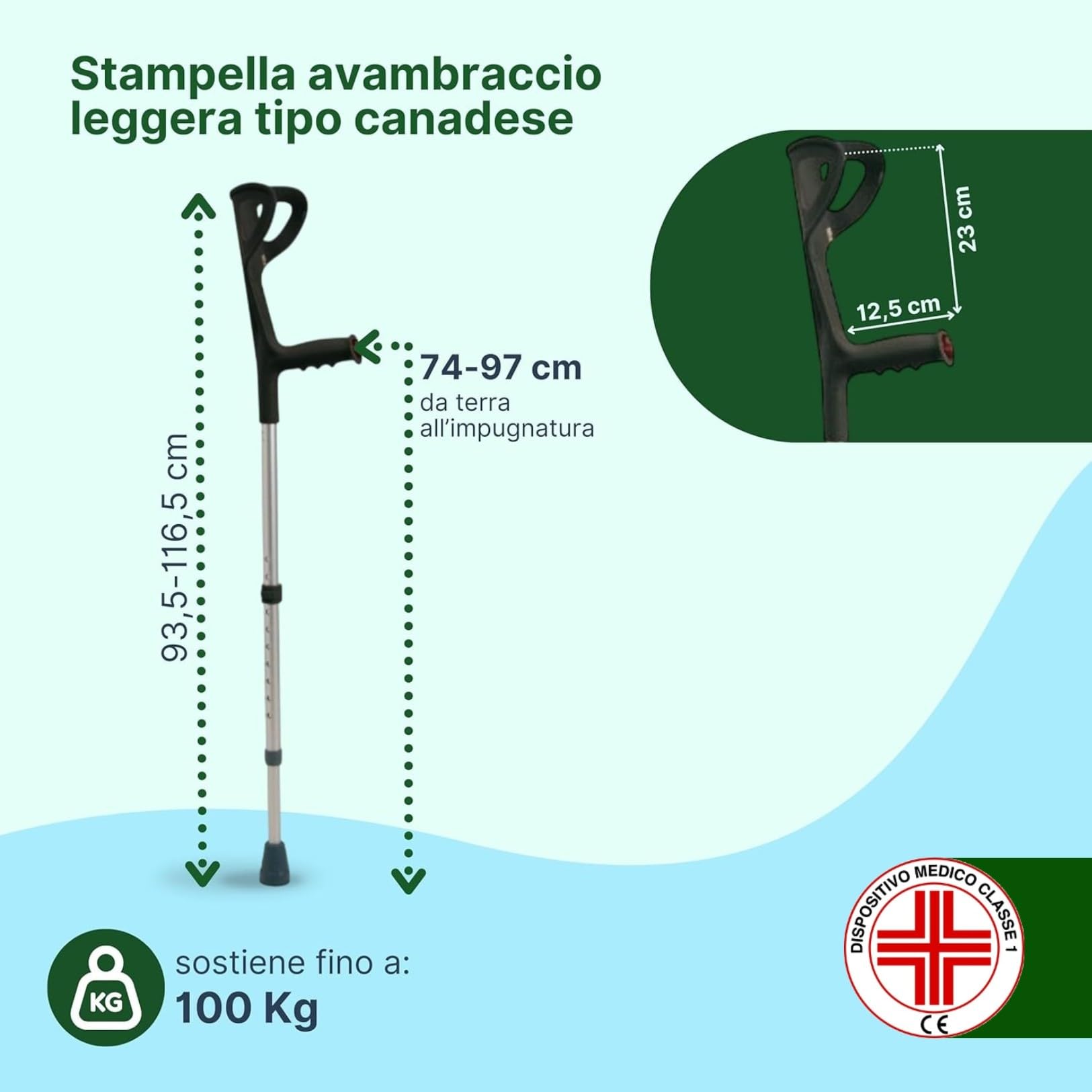 1 Stampella Ortopedica Singola Regolabile in Alluminio Anodizzato, 1 Stampella Canadese Adulto Antiscivolo, H. 74-97 cm, 1 Unità (Nero)