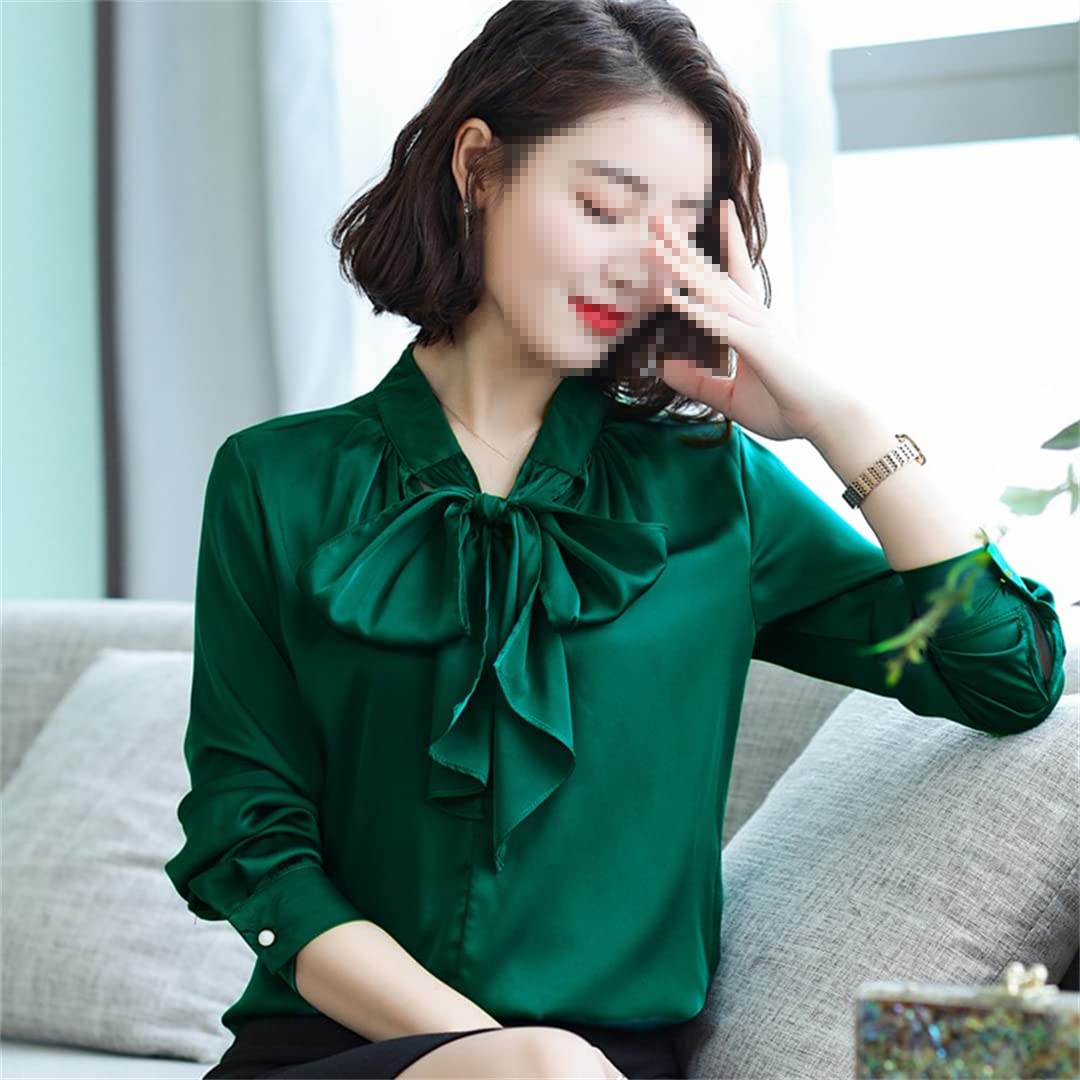 Blusas de satén de Manga Larga con Cuello en V para Mujer con Volantes de Lazo, Blusas de Seda Informales Sueltas, Camisas de Trabajo y Oficina
