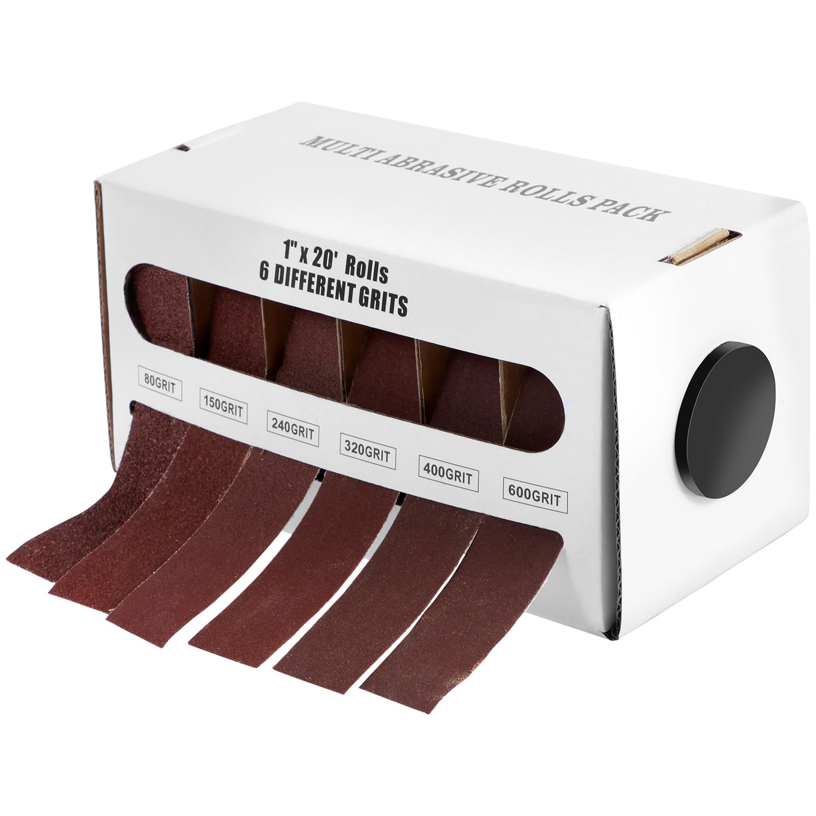 Emery Cloth Roll Set with Smooth Dispenser, 6 Grits (80/150/240/320/400/600), Wet and Dry Abrasive Sandpaper Rolls, 1" x 20 Ft Flexible Sanding Tape for Woodworking, Metal & Automotive Polishing