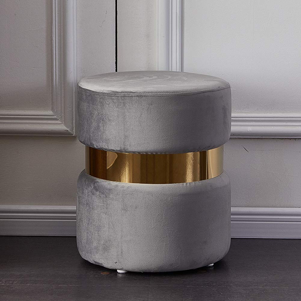 Pouf en velours gris clair 36x45cm avec tabouret repose-pieds rond et bord doré élégant