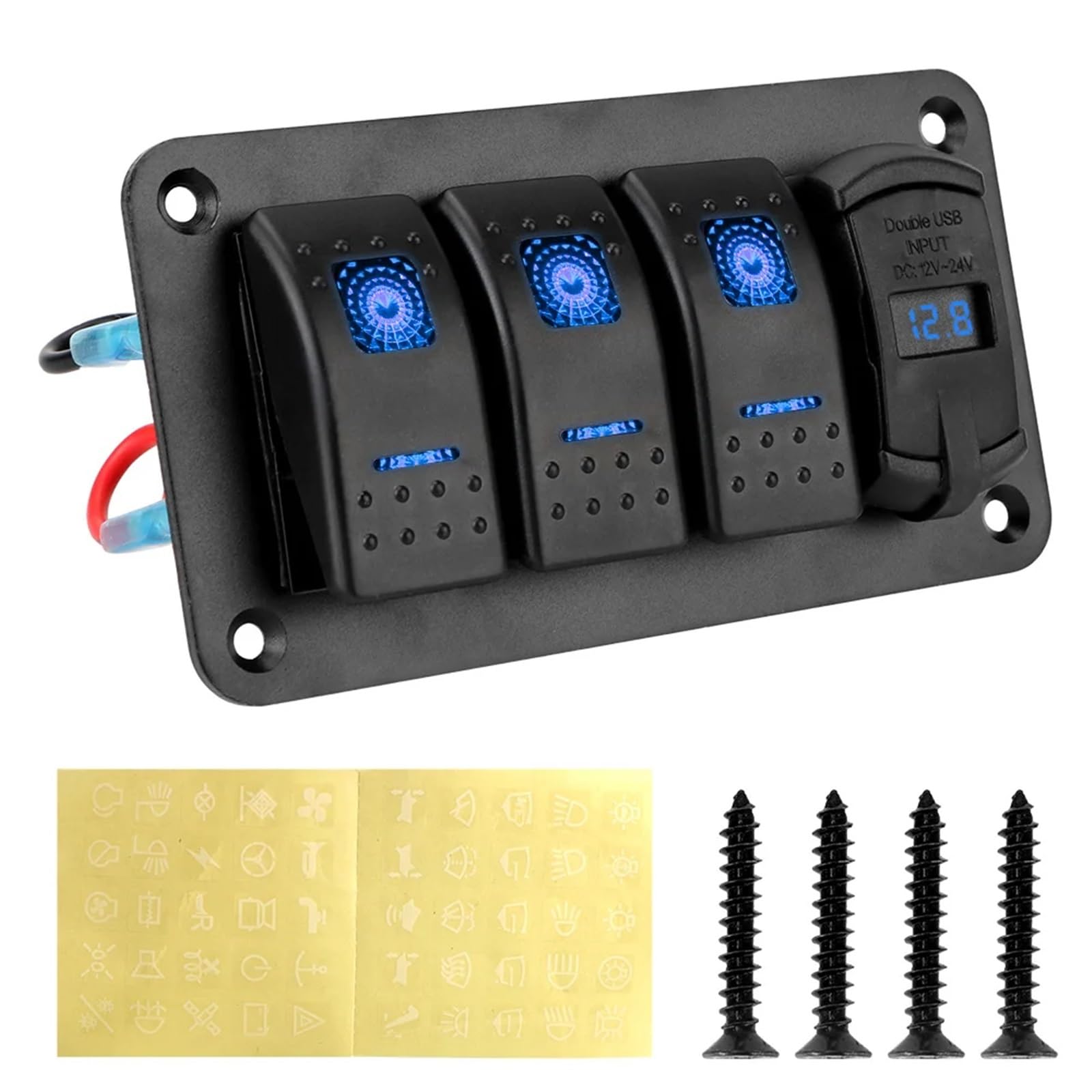 12V-24V 3-biegowy panel przełączników do samochodów SUV, łodzi, kamperów, ciężarówek, cyfrowy woltomierz, wyłącznik obwodu, wodoodporny, podwójny port USB 4,2A(Blauw)