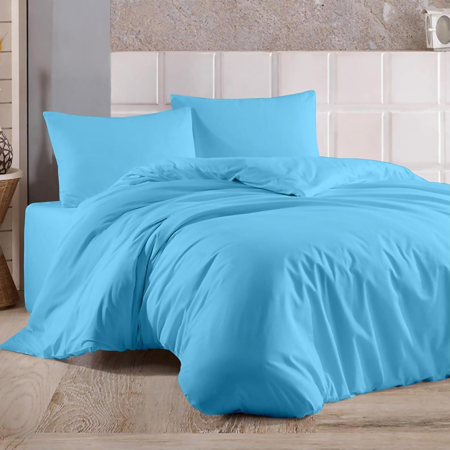 Ray Bedding 4Pcs Duvet Cover Bed Set 400 TC 100% Egyptian Cotton Duvet Cover & Deep Fitted Sheet Bedding Set with Pillow Cases 2 Pack | Complete Duvet Cover Set (Sky-Blue, Super King)