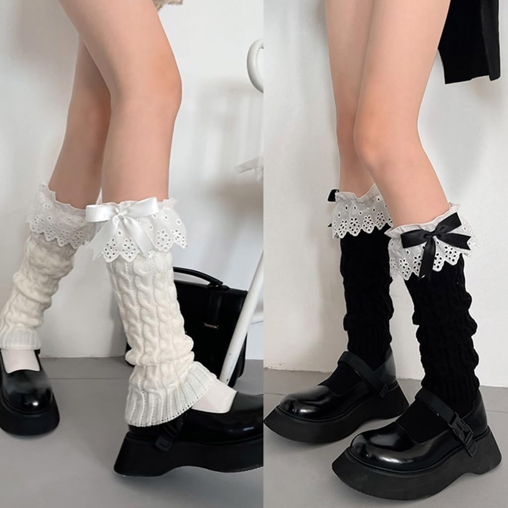 Women Autumn Ruffled Lace Bowknot Leg Warmers Japanese Twist Cable Knitted Foot Covers Student Stretch Calf Socks