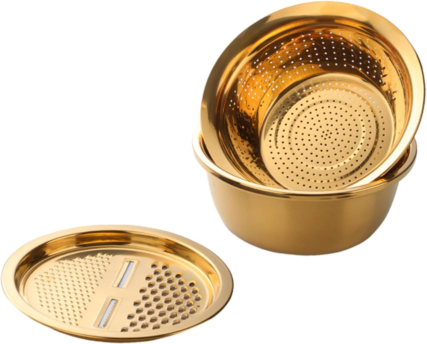 3x Stainless Steel Grater Basin Salad Bowl Kitchen Tool Rice Basket Multifunctional Julienne Grater for Vegetables Fruits, gold